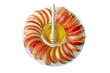 Cut into slices of apples with a bowl of honey