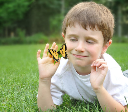 Little Boy Catching Spring Butterfly Outside