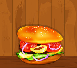 Hamburger on a wooden dark texture.Fast food
