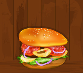 Hamburger on a wooden dark texture.Fast food.Vector