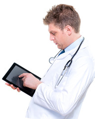 Portrait of cherfull male doctor using digital tablet