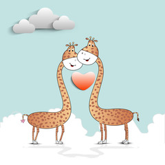 Vector illustration of giraffe couple in love on seamless nature