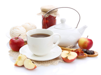 light breakfast with tea and homemade jam, isolated on white