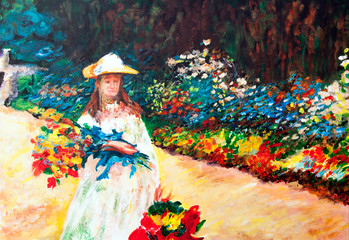 Fototapeta na wymiar Obraz olejny: Kobieta w ogrodzie