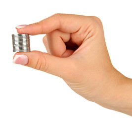 Woman hands with coins isolated on white.