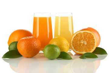 Glasses of juise with leafs and fruits isolated on white