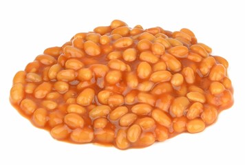 A pile of baked beans in tomato sauce on a white background