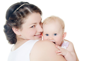 happy mother with baby over white