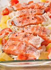 salmon with potatoes, tomatoes and onions prepared for baking 