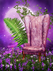 Obrazy na Plexi  Stary fotel na łące z kwiatami i paprocią