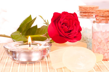Romantic spa with rose and candle close up
