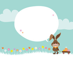 Bunny Pulling Handcart Easter Eggs Speech Bubble Retro
