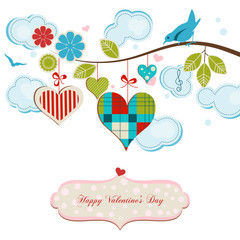 Romantic greeting card, blue birds and hearts