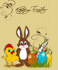 Ostern, Karte mit Hase und Küken