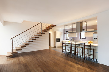 modern loft, view of the kitchen and stairs