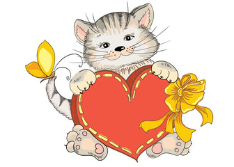 Kitty with heart. Vector hand drawing