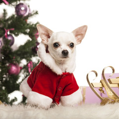 Chihuahua sitting and wearing a Christmas suit