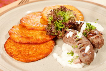 potato pancakes with sausages
