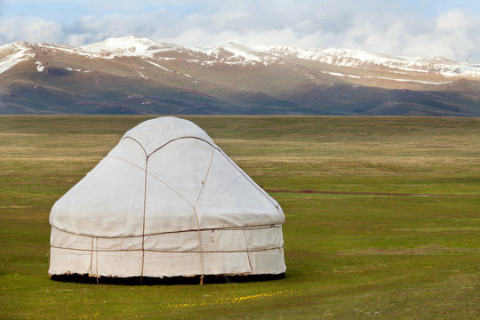 View of national asian yurt in mountains