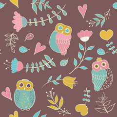 Cute colorful floral seamless pattern with owl