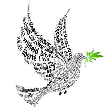 Black Dove with the word "Freedom" in all languages