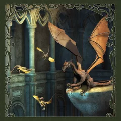 Fotobehang Fantasiescène met draken - Computerkunstwerk © diversepixel