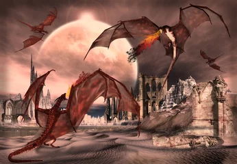 Crédence de cuisine en verre imprimé Dragons Scène fantastique avec des combats de dragons
