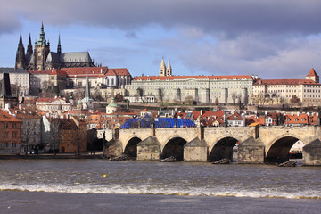 Winter Prague gothic Castle with the Charles Bridge