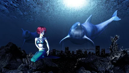 Foto auf Glas Unterwasserdelfine und Meerjungfrau © AnnaPa