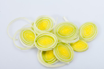Sliced Leeks on white background