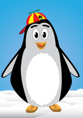 Penguin child with bonnet above the snow