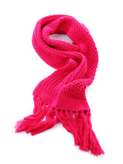 Pink knitted scarf isolated on white.