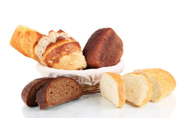 Fresh bread in basket isolated on white