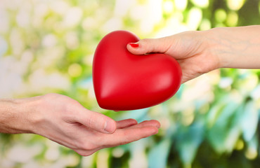 Fototapeta na wymiar Czerwone serce w ręce kobiety i mężczyzny, na zielonym tle
