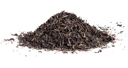 Black tea loose dried tea leaves, isolated on the white