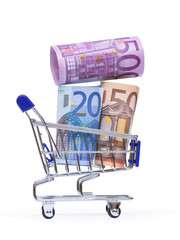 Geld, Euro in Einkaufswagen