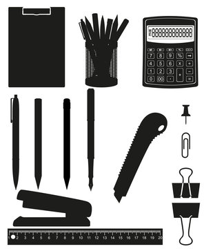 stationery set icons black silhouette vector illustration