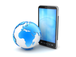 Cell phone and earth globe on white background