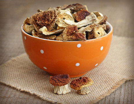 Dried mushrooms in orange bowl on wooden background