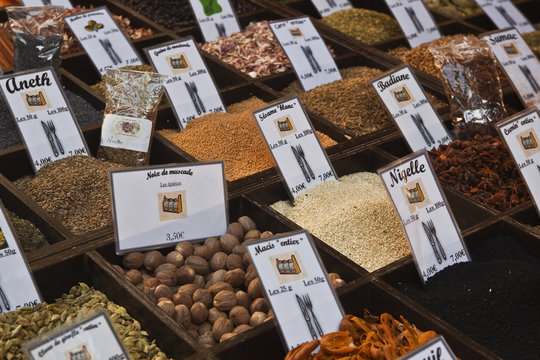 Herbs and spices on sale at a french market.