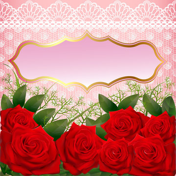 background with red roses and lace