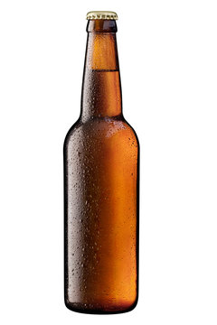 brown bottle of beer on white + Clipping Path