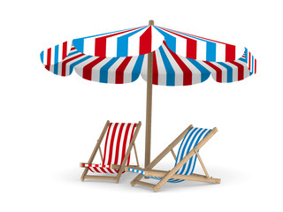 Two deckchair and parasol on white background. Isolated 3D image