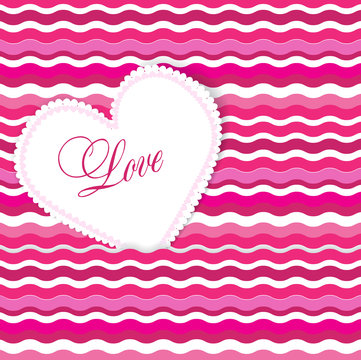 Pink vector heart on wavy lines background