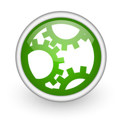 gears green circle glossy web icon on white background