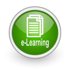 e-learning green circle glossy web icon on white background