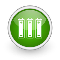 batteries green circle glossy web icon on white background