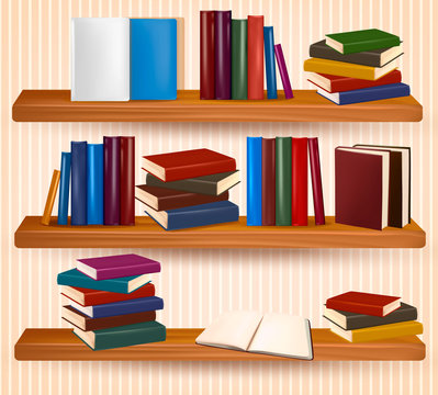 Bookshelf with colorful books and clock. Vector illustration.