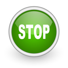 stop green circle glossy web icon on white background