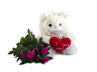 teddy bear,  red velvet heart and bouquet of roses